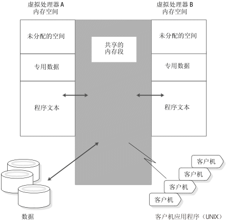 此图显示了使用共享内存来共享数据的虚拟处理器 A 和虚拟处理器 B。这两个虚拟处理器都有存放程序文本和专用数据的内存空间，以及未分配的内存空间。